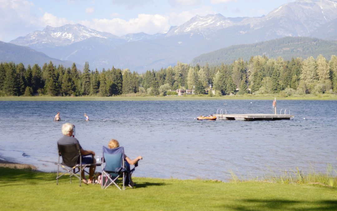 Couple sitting by a lake